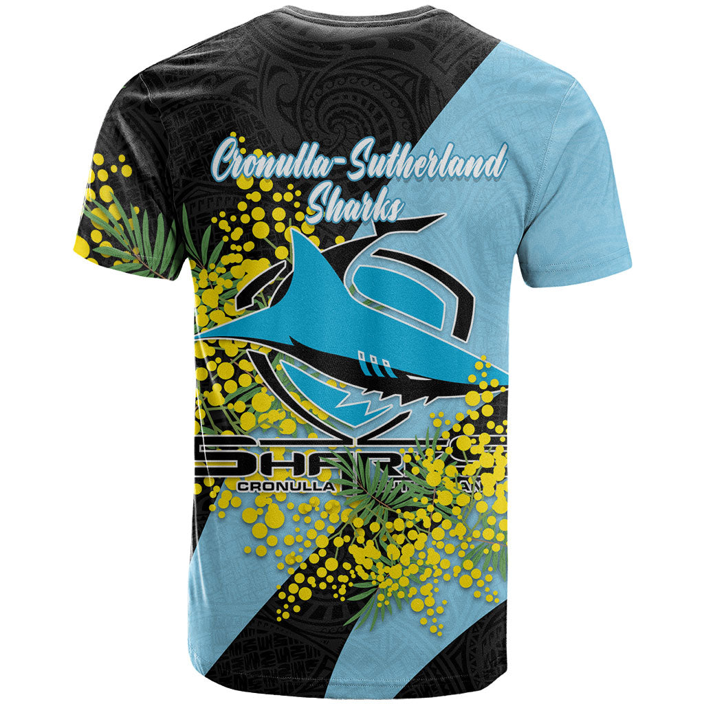 Cronulla Sutherland Sharks T Shirt Golden Wattle Floral Polynesian - Australian Flower - Rugby Mascot