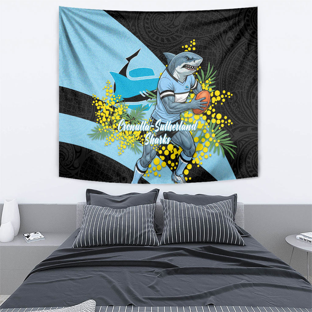 Cronulla Sutherland Sharks Tapestry Golden Wattle Floral Polynesian - Australian Flower - Rugby Mascot