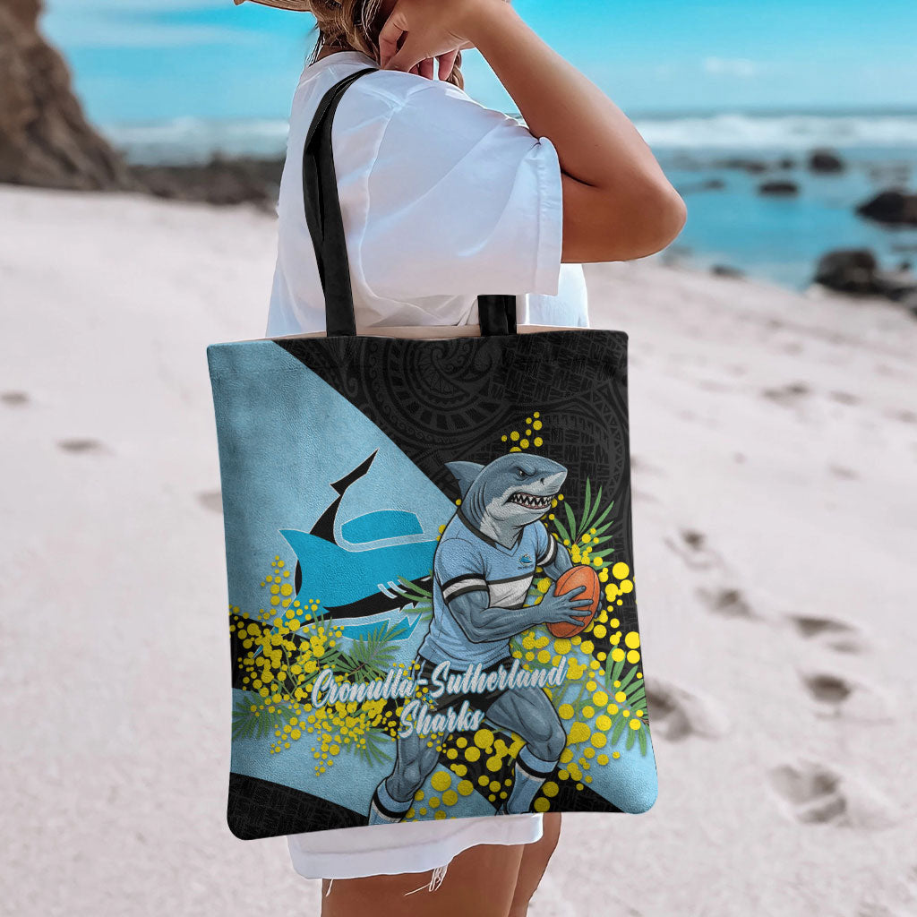 Cronulla Sutherland Sharks Tote Bag Golden Wattle Floral Polynesian - Australian Flower - Rugby Mascot