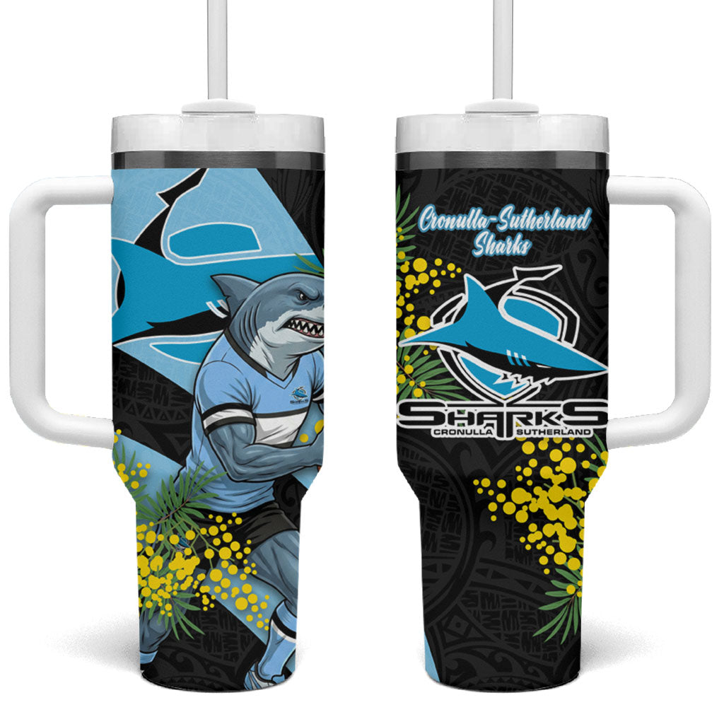 Cronulla Sutherland Sharks Tumbler With Handle Golden Wattle Floral Polynesian - Australian Flower - Rugby Mascot