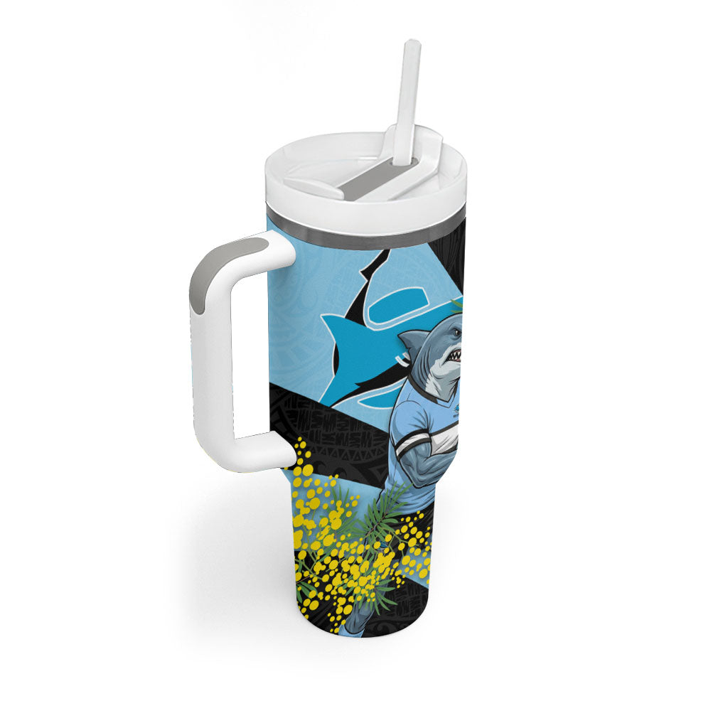 Cronulla Sutherland Sharks Tumbler With Handle Golden Wattle Floral Polynesian - Australian Flower - Rugby Mascot