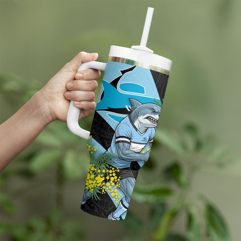 Cronulla Sutherland Sharks Tumbler With Handle Golden Wattle Floral Polynesian - Australian Flower - Rugby Mascot