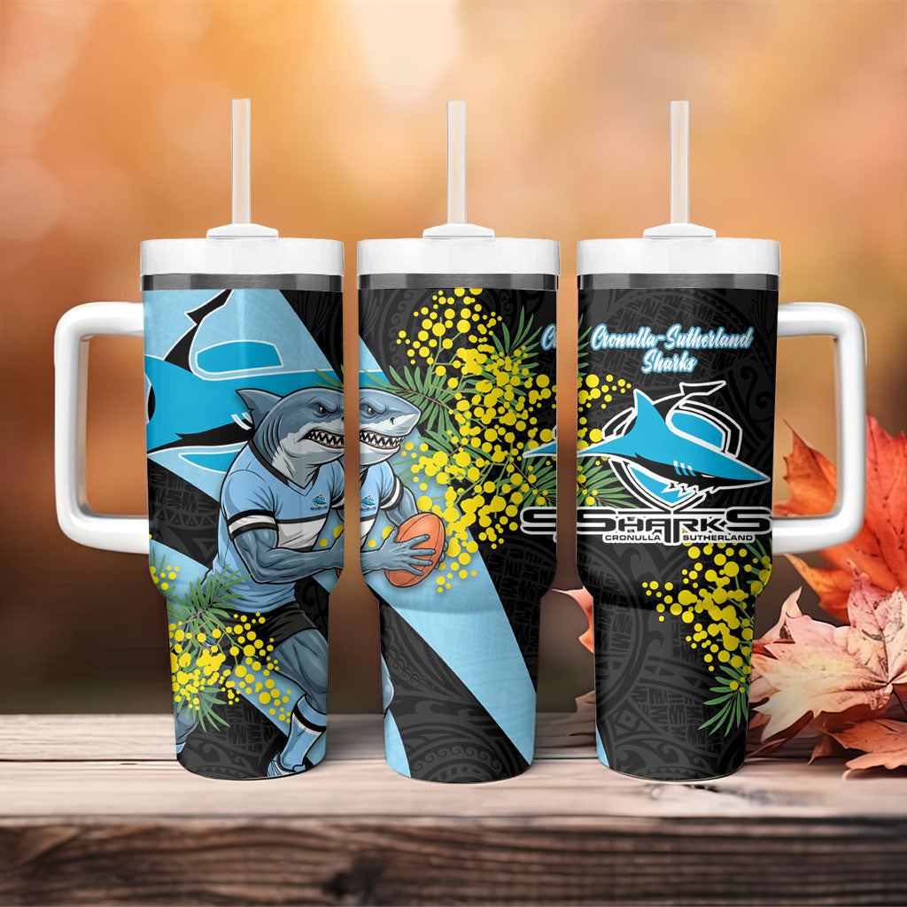 Cronulla Sutherland Sharks Tumbler With Handle Golden Wattle Floral Polynesian - Australian Flower - Rugby Mascot