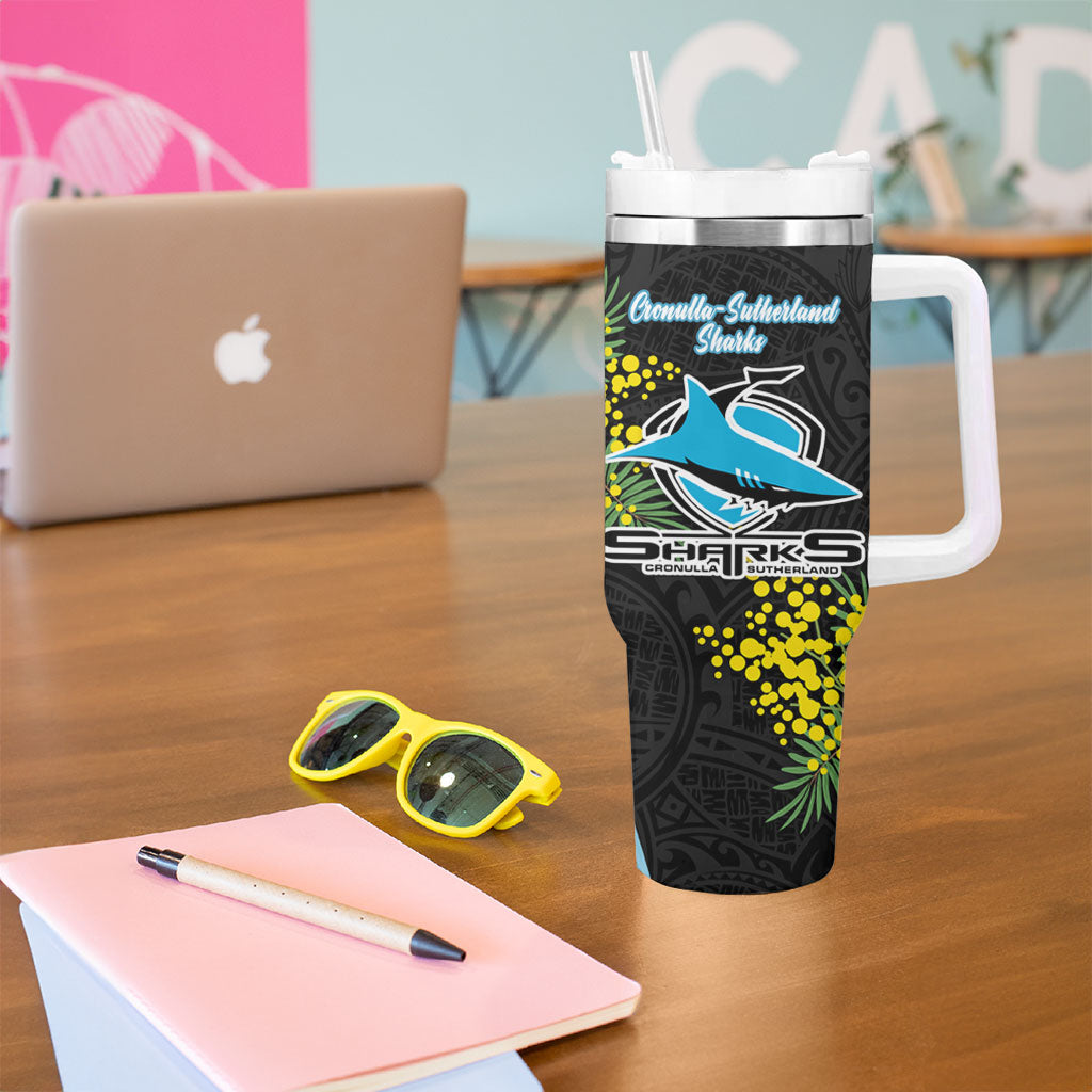 Cronulla Sutherland Sharks Tumbler With Handle Golden Wattle Floral Polynesian - Australian Flower - Rugby Mascot