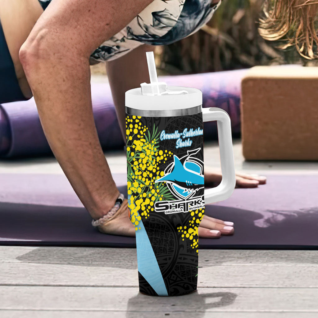 Cronulla Sutherland Sharks Tumbler With Handle Golden Wattle Floral Polynesian - Australian Flower - Rugby Mascot