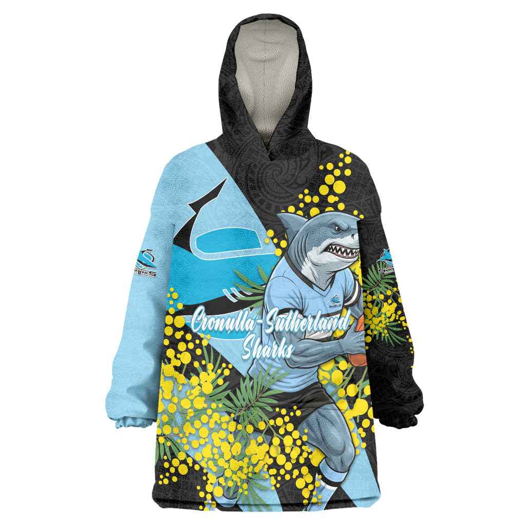 Cronulla Sutherland Sharks Wearable Blanket Hoodie Golden Wattle Floral Polynesian - Australian Flower - Rugby Mascot