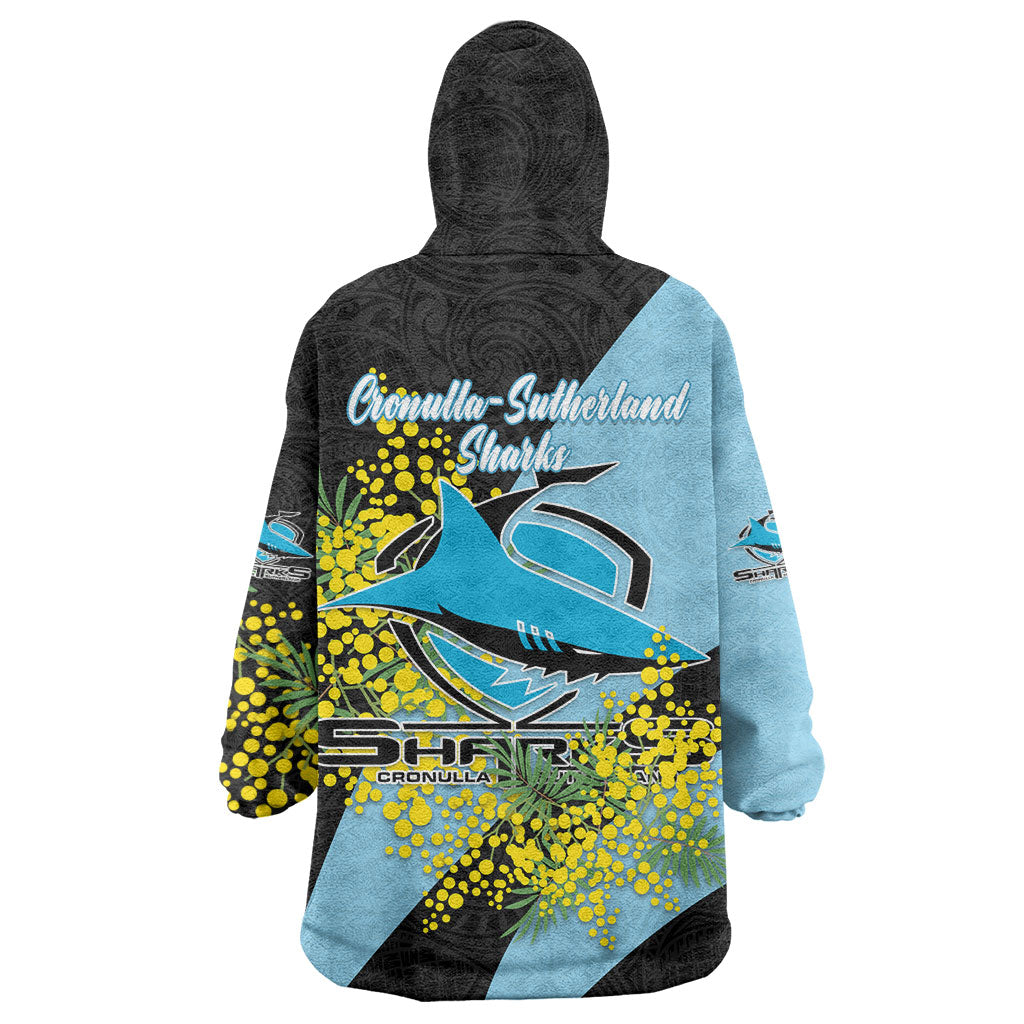 Cronulla Sutherland Sharks Wearable Blanket Hoodie Golden Wattle Floral Polynesian - Australian Flower - Rugby Mascot