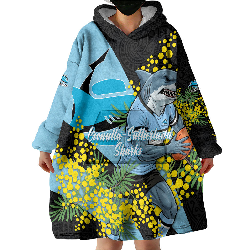 Cronulla Sutherland Sharks Wearable Blanket Hoodie Golden Wattle Floral Polynesian - Australian Flower - Rugby Mascot