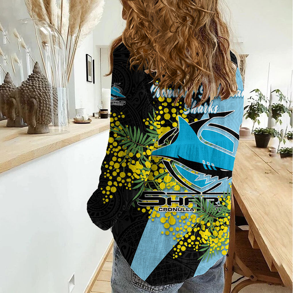 Cronulla Sutherland Sharks Women Casual Shirt Golden Wattle Floral Polynesian - Australian Flower - Rugby Mascot