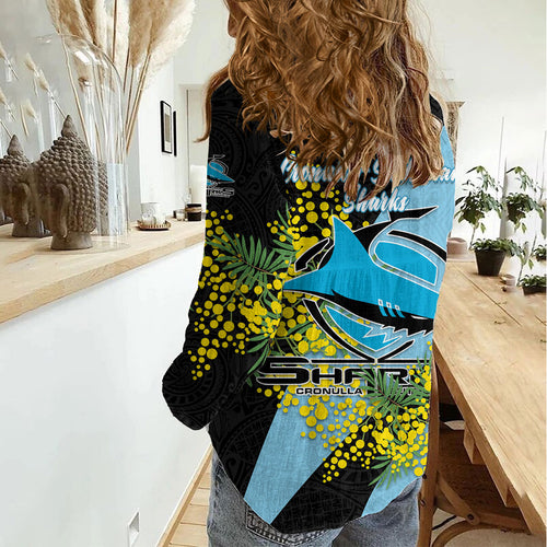 Cronulla Sutherland Sharks Women Casual Shirt Golden Wattle Floral Polynesian - Australian Flower - Rugby Mascot