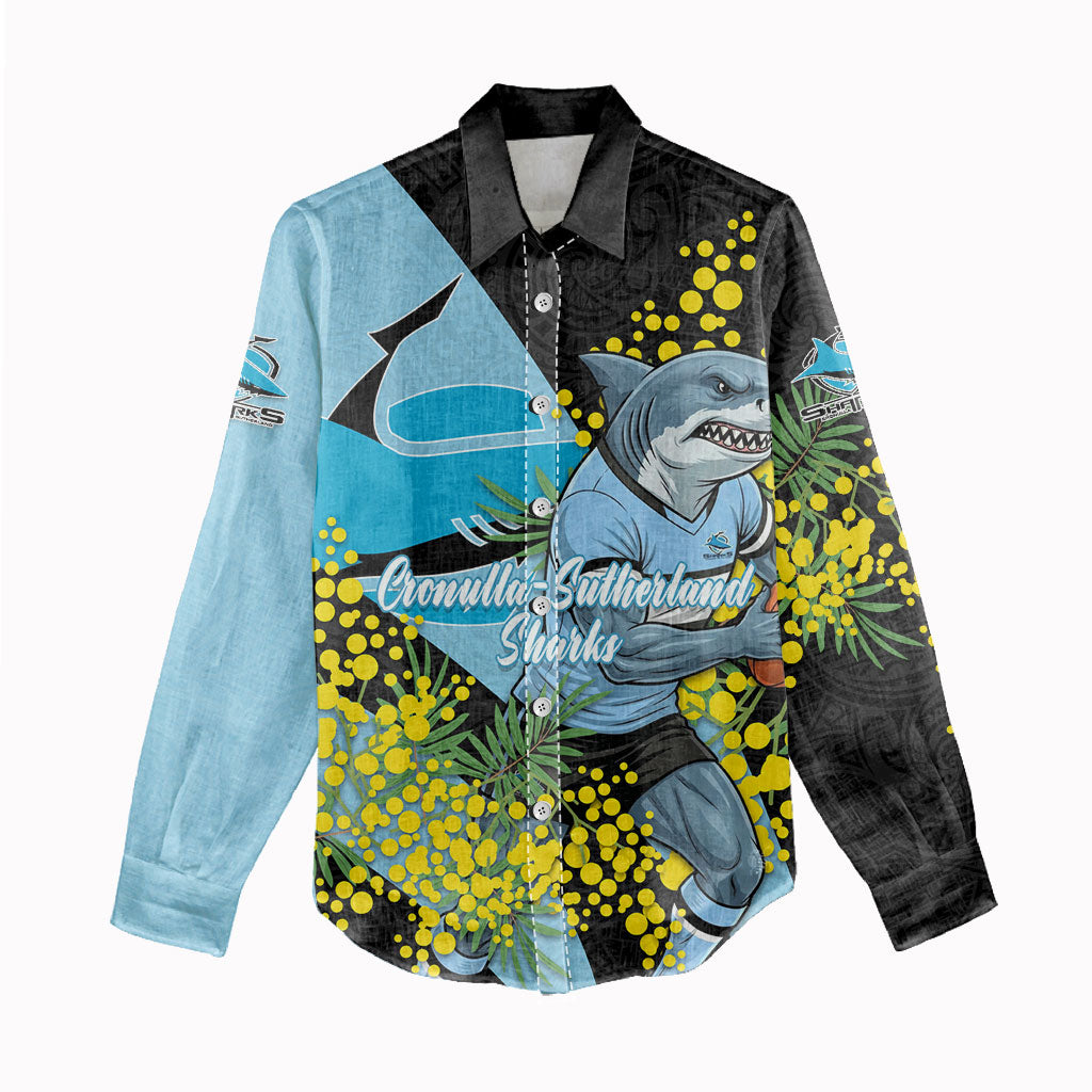 Cronulla Sutherland Sharks Women Casual Shirt Golden Wattle Floral Polynesian - Australian Flower - Rugby Mascot