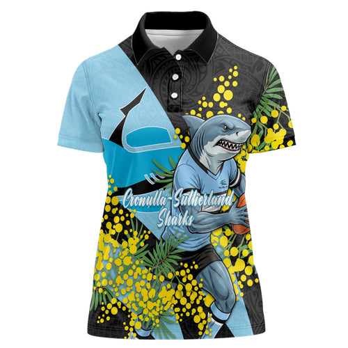 Cronulla Sutherland Sharks Women Polo Shirt Golden Wattle Floral Polynesian - Australian Flower - Rugby Mascot