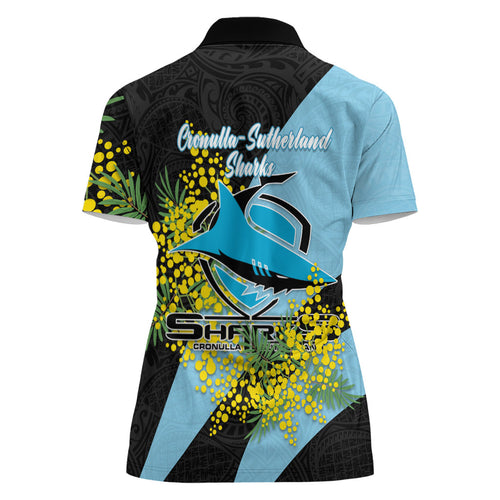 Cronulla Sutherland Sharks Women Polo Shirt Golden Wattle Floral Polynesian - Australian Flower - Rugby Mascot