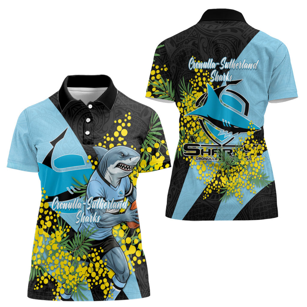 Cronulla Sutherland Sharks Women Polo Shirt Golden Wattle Floral Polynesian - Australian Flower - Rugby Mascot