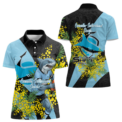Cronulla Sutherland Sharks Women Polo Shirt Golden Wattle Floral Polynesian - Australian Flower - Rugby Mascot