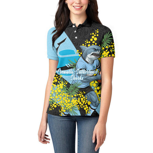 Cronulla Sutherland Sharks Women Polo Shirt Golden Wattle Floral Polynesian - Australian Flower - Rugby Mascot