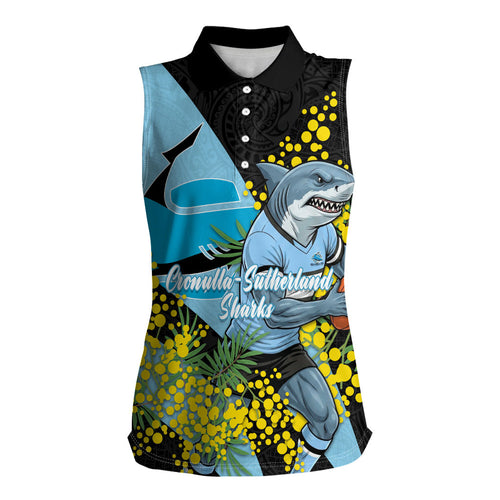 Cronulla Sutherland Sharks Women Sleeveless Polo Shirt Golden Wattle Floral Polynesian - Australian Flower - Rugby Mascot