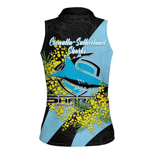 Cronulla Sutherland Sharks Women Sleeveless Polo Shirt Golden Wattle Floral Polynesian - Australian Flower - Rugby Mascot
