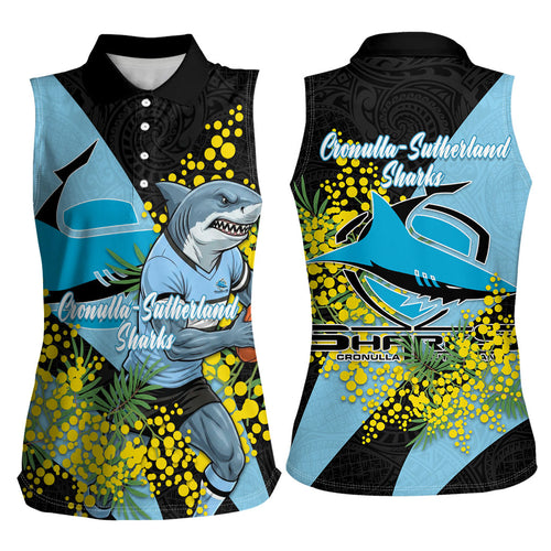 Cronulla Sutherland Sharks Women Sleeveless Polo Shirt Golden Wattle Floral Polynesian - Australian Flower - Rugby Mascot