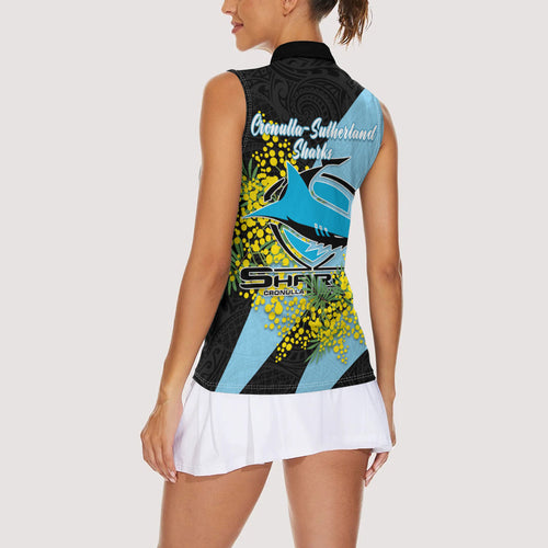 Cronulla Sutherland Sharks Women Sleeveless Polo Shirt Golden Wattle Floral Polynesian - Australian Flower - Rugby Mascot