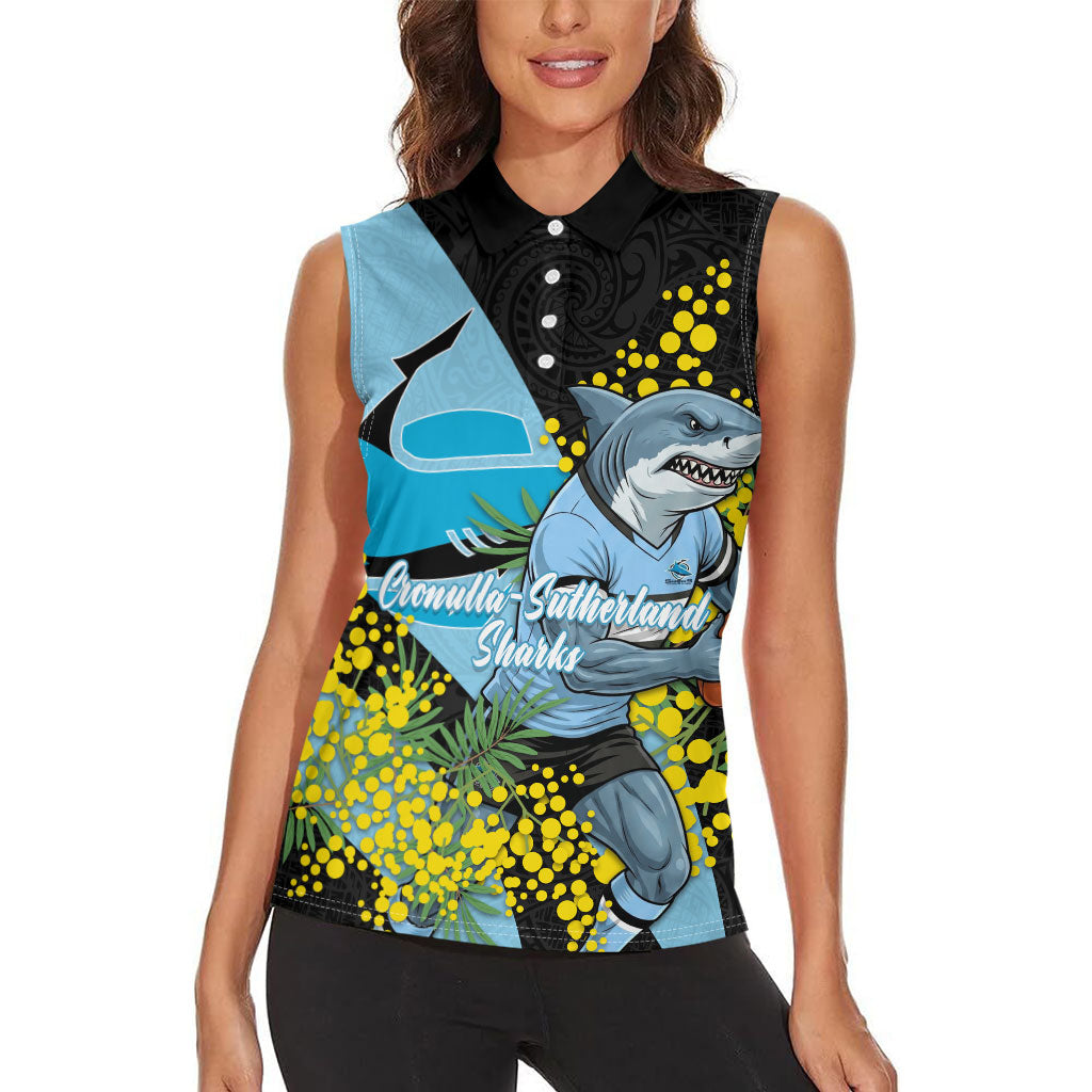 Cronulla Sutherland Sharks Women Sleeveless Polo Shirt Golden Wattle Floral Polynesian - Australian Flower - Rugby Mascot