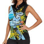 Cronulla Sutherland Sharks Women Sleeveless Polo Shirt Golden Wattle Floral Polynesian - Australian Flower - Rugby Mascot