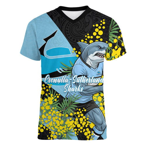 Cronulla Sutherland Sharks Women V-Neck T-Shirt Golden Wattle Floral Polynesian - Australian Flower - Rugby Mascot