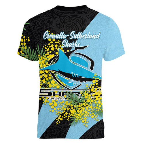 Cronulla Sutherland Sharks Women V-Neck T-Shirt Golden Wattle Floral Polynesian - Australian Flower - Rugby Mascot