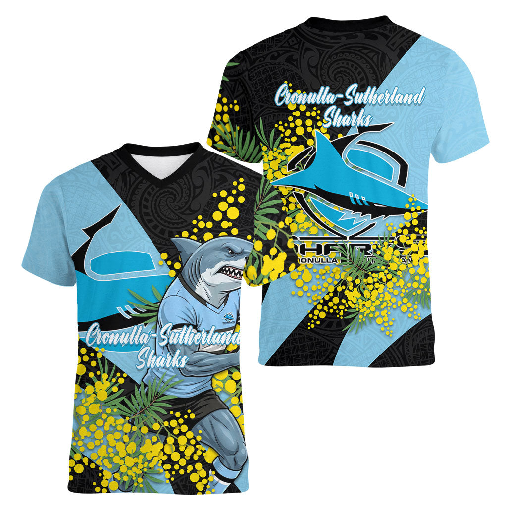 Cronulla Sutherland Sharks Women V-Neck T-Shirt Golden Wattle Floral Polynesian - Australian Flower - Rugby Mascot