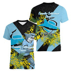 Cronulla Sutherland Sharks Women V-Neck T-Shirt Golden Wattle Floral Polynesian - Australian Flower - Rugby Mascot