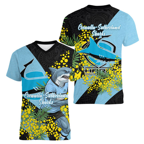 Cronulla Sutherland Sharks Women V-Neck T-Shirt Golden Wattle Floral Polynesian - Australian Flower - Rugby Mascot