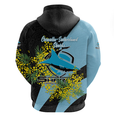 Cronulla Sutherland Sharks Zip Hoodie Golden Wattle Floral Polynesian - Australian Flower - Rugby Mascot