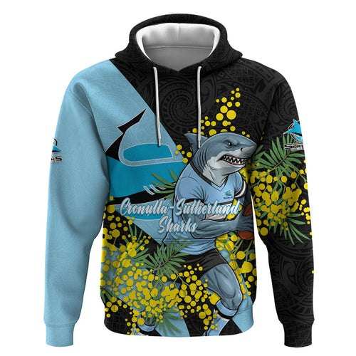 Cronulla Sutherland Sharks Zip Hoodie Golden Wattle Floral Polynesian - Australian Flower - Rugby Mascot