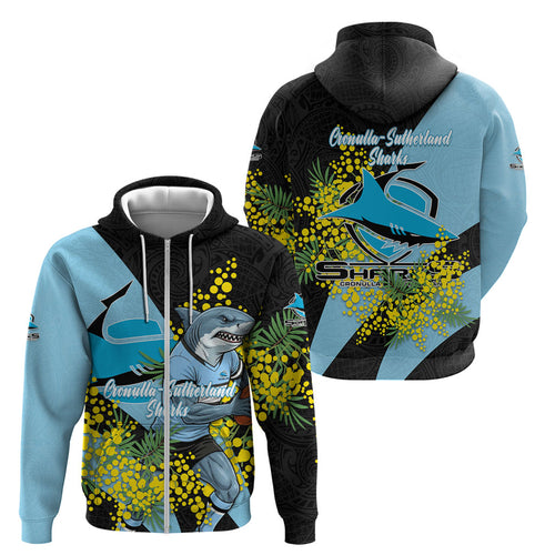 Cronulla Sutherland Sharks Zip Hoodie Golden Wattle Floral Polynesian - Australian Flower - Rugby Mascot