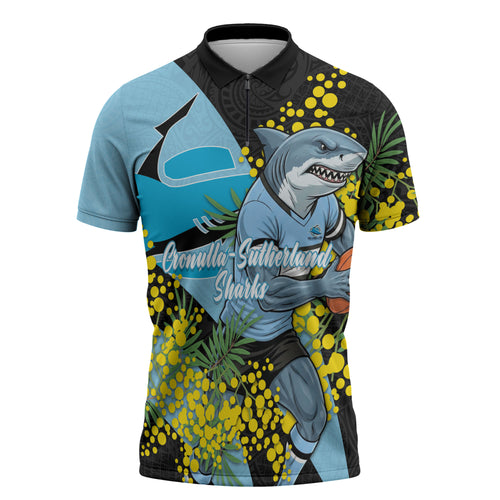 Cronulla Sutherland Sharks Zipper Polo Shirt Golden Wattle Floral Polynesian - Australian Flower - Rugby Mascot