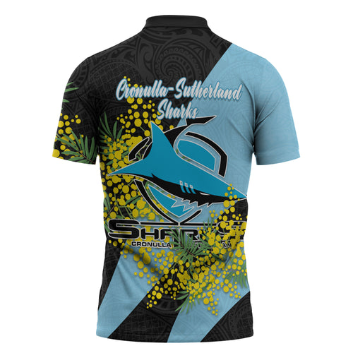 Cronulla Sutherland Sharks Zipper Polo Shirt Golden Wattle Floral Polynesian - Australian Flower - Rugby Mascot