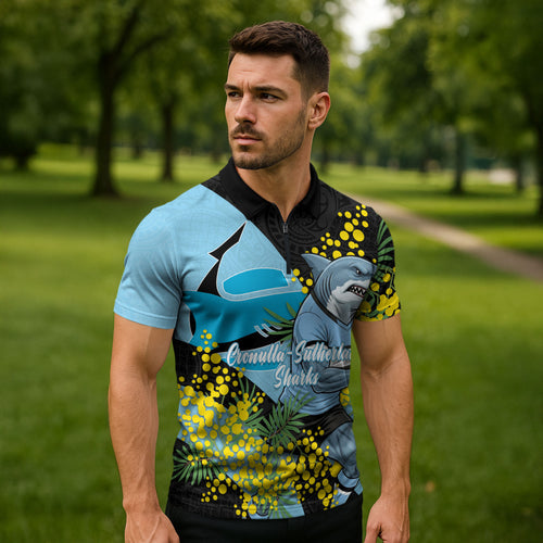 Cronulla Sutherland Sharks Zipper Polo Shirt Golden Wattle Floral Polynesian - Australian Flower - Rugby Mascot