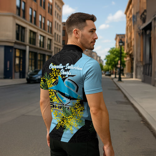 Cronulla Sutherland Sharks Zipper Polo Shirt Golden Wattle Floral Polynesian - Australian Flower - Rugby Mascot