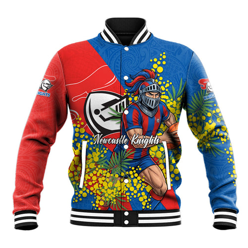 Newcastle Knights Baseball Jacket Golden Wattle Floral Polynesian - Australian Flower - Rugby Mascot