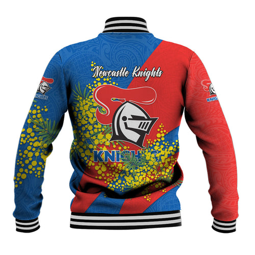 Newcastle Knights Baseball Jacket Golden Wattle Floral Polynesian - Australian Flower - Rugby Mascot