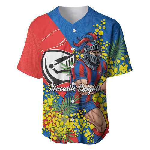 Newcastle Knights Baseball Jersey Golden Wattle Floral Polynesian - Australian Flower - Rugby Mascot