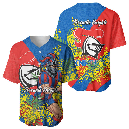 Newcastle Knights Baseball Jersey Golden Wattle Floral Polynesian - Australian Flower - Rugby Mascot