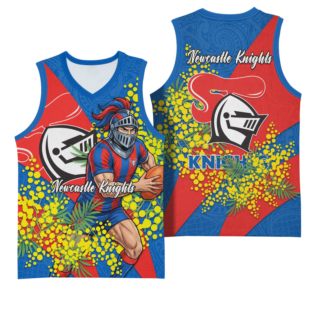 Newcastle Knights Basketball Jersey Golden Wattle Floral Polynesian - Australian Flower - Rugby Mascot