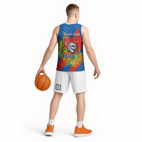 Newcastle Knights Basketball Jersey Golden Wattle Floral Polynesian - Australian Flower - Rugby Mascot