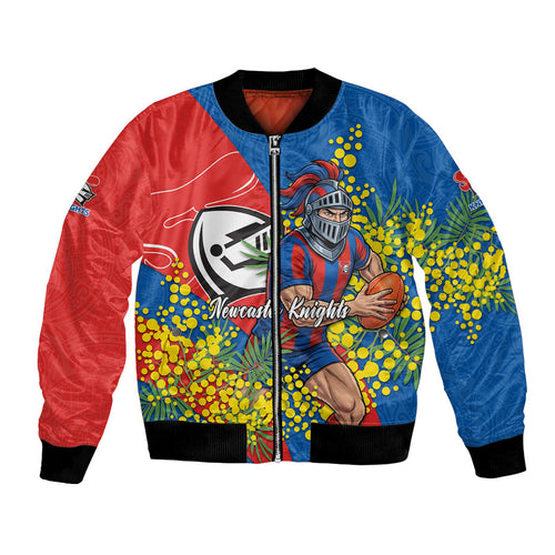 Newcastle Knights Bomber Jacket Golden Wattle Floral Polynesian - Australian Flower - Rugby Mascot