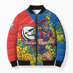Newcastle Knights Bomber Puffer Jacket Golden Wattle Floral Polynesian - Australian Flower - Rugby Mascot