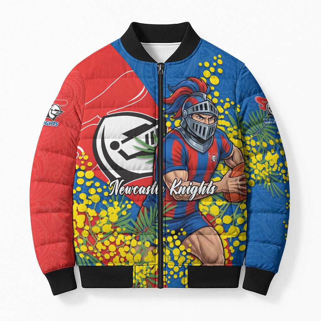 Newcastle Knights Bomber Puffer Jacket Golden Wattle Floral Polynesian - Australian Flower - Rugby Mascot