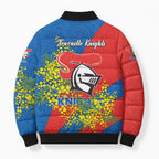 Newcastle Knights Bomber Puffer Jacket Golden Wattle Floral Polynesian - Australian Flower - Rugby Mascot