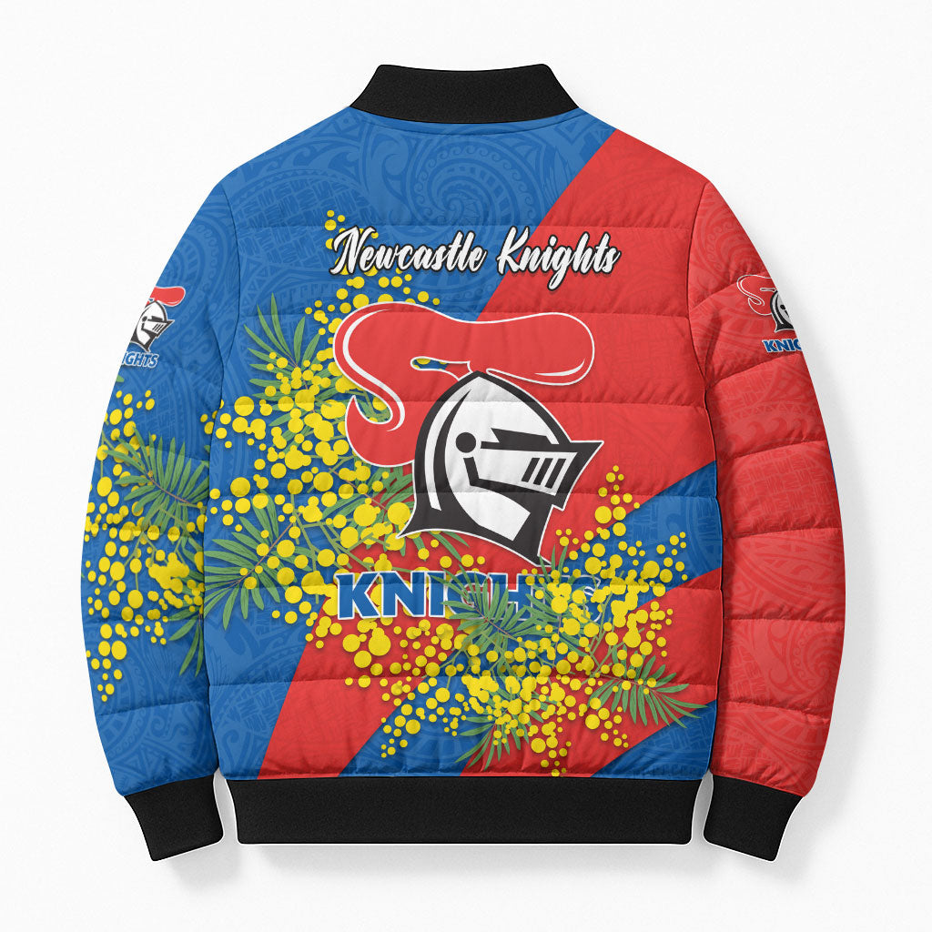 Newcastle Knights Bomber Puffer Jacket Golden Wattle Floral Polynesian - Australian Flower - Rugby Mascot