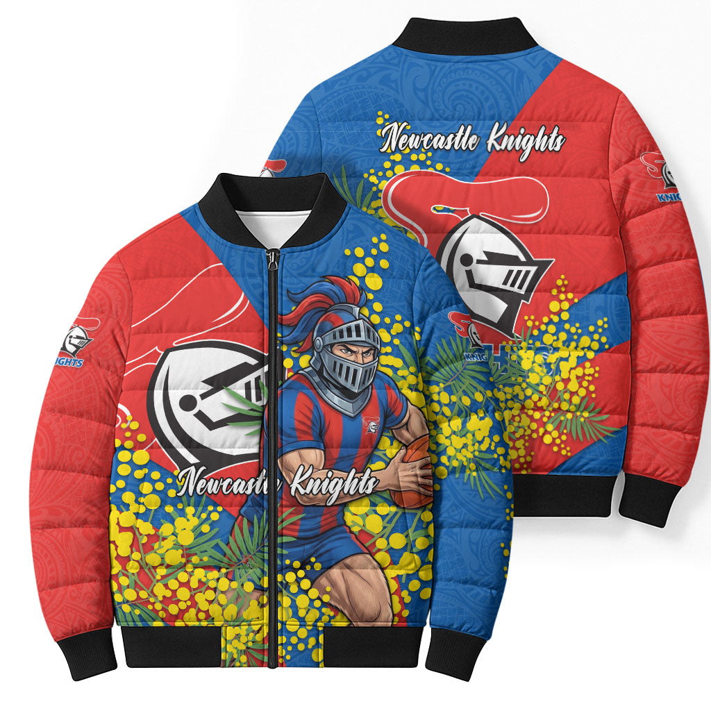 Newcastle Knights Bomber Puffer Jacket Golden Wattle Floral Polynesian - Australian Flower - Rugby Mascot